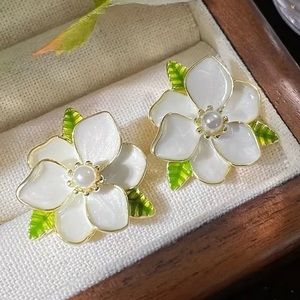 Clip On Gold Magnolia Camellia Flower Faux Pearl Floral Spring Wedding Earrings